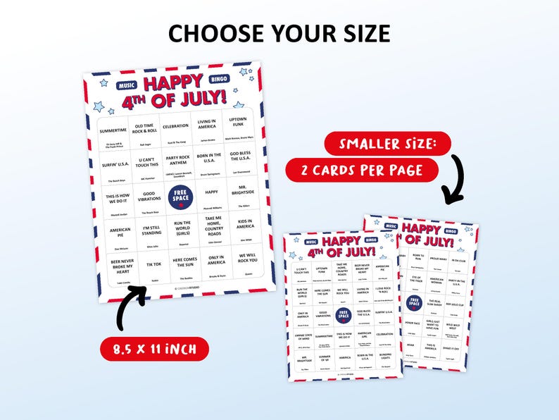 4th of July Music Bingo party game with the best USA-themed songs, patriotic anthems, American classics, and all-time party songs. Perfect for Independence Day celebrations, Fourth of July BBQs, family gatherings, patriotic parties, pub crawls, office parties, and friends game nights. Features iconic songs about America, freedom, and red, white & blue celebrations. Printable digital download with Spotify Playlist