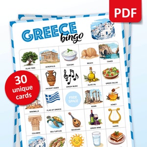 Jeu de bingo de voyage en Grèce, 30 cartes de bingo, activités de vacances en Europe, jeu de fête à thème grec pour adultes et enfants, cadeau imprimable