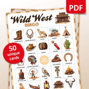 Wild West Bingo, 50 Bingokaarten, Native American Printable Party Game, Western Cowboy Classroom Activity, Verjaardagsspel voor kinderen en volwassenen