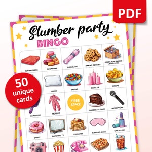 Slumber Party Bingo, 50 Sleepover Bingo Cards, Birthday Activities, Kids Party Game, Pajama Party Activities, Printable Games