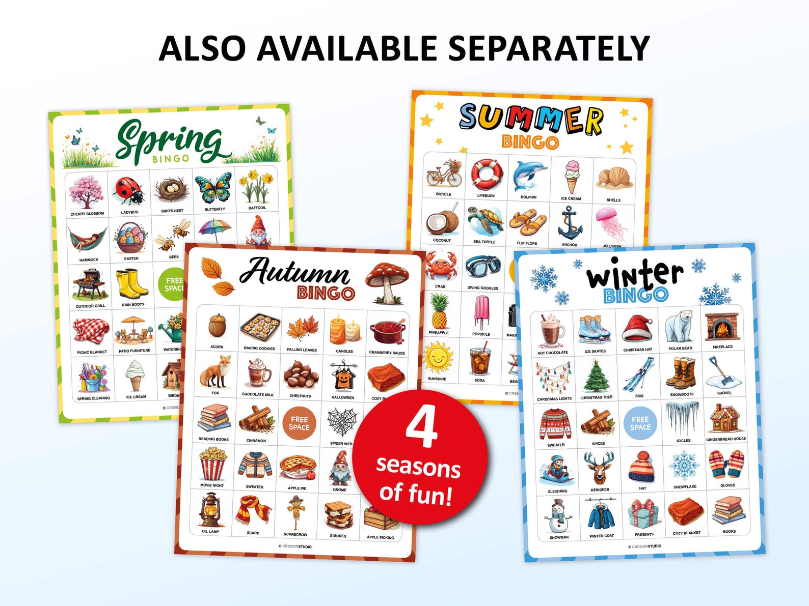 4 Season Bingo Games Set, 50 Bingo Cards per Game, Summer, Spring ...