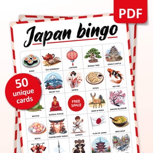 Japan Travel Bingo Game, 50 Bingokaarten, Azië Reis Vakantie Activiteiten, Japans Thema Party Game voor volwassenen en kinderen, Digitaal afdrukbaar cadeau