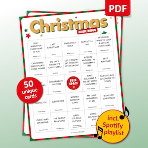 Peut inclure: Jeu de bingo musical de Noël avec 50 cartes uniques. Le design présente une bordure rouge et verte festive, avec des titres de chansons et des noms d'artistes. Comprend une playlist Spotify. L'icône PDF est visible en haut à droite.