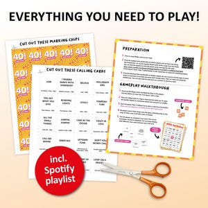 40th Birthday Music bingo party game with the best 70s, 80s, 90s, 00s, 10s, 20s hits. Perfect as a birthday party, friends game night, pub crawl, bar activity for your fortieth birthday. Including Spotify Playlist with the songs on the bingo cards. Digital download.