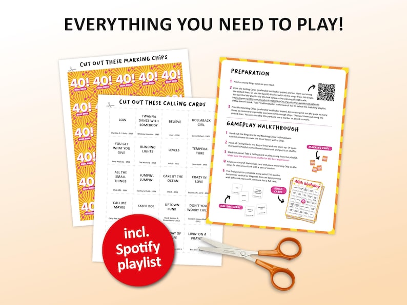40th Birthday Music bingo party game with the best 70s, 80s, 90s, 00s, 10s, 20s hits. Perfect as a birthday party, friends game night, pub crawl, bar activity for your fortieth birthday. Including Spotify Playlist with the songs on the bingo cards. Digital download.