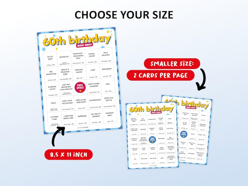 60th Birthday Music bingo party game with the best 60s, 70s, 80s, 90s, 00s, 10s, 20s hits. Perfect as a birthday party, friends game night, pub crawl, bar activity for your sixtieth birthday. Including Spotify Playlist with the songs on the bingo cards. Digital download.
