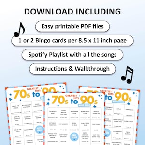 Music bingo party game with the best 70s, 80s and 90s songs. Perfect as a birthday party, friends game night, pub crawl, bar activity or office party. Including Spotify Playlist with the songs mentioned in the bingo cards. Printable digital download.