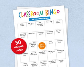 May include: A printable classroom bingo game with 50 unique cards. The game is designed to help students get to know each other better. The cards feature prompts such as "has curly hair", "likes pineapple on pizza", and "plays soccer".