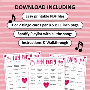 Hen Party Music Bingo is the perfect party game to play at a girls bachelorette night with all of your friends. The party songs are great for a fun night with team bride. Digital download so you can print the files directly after purchase.
