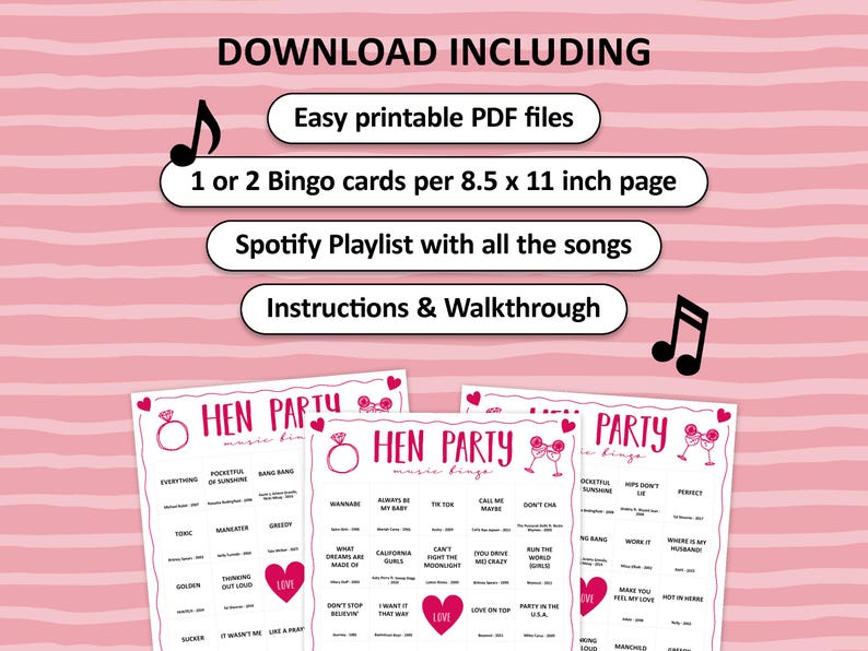 Hen Party Music Bingo is the perfect party game to play at a girls bachelorette night with all of your friends. The party songs are great for a fun night with team bride. Digital download so you can print the files directly after purchase.