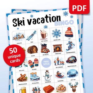 Jeu de bingo pour vacances au ski, 50 cartes de bingo après ski, activités de voyage pour sports d'hiver, jeu de vacances dans les Alpes pour adultes et enfants, cadeau imprimable