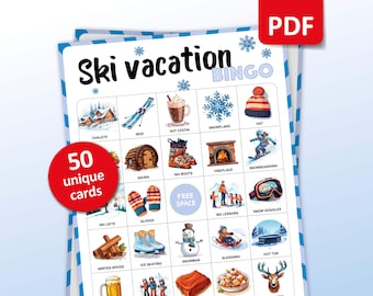 Op de afbeelding: Een printbare bingokaart met winterse vakantie-thema afbeeldingen. De kaart heeft 25 vakjes met afbeeldingen zoals chalets, ski's, warme chocolademelk, een sneeuwvlok, een hoed, een sauna, skischoenen, een open haard, snowboarden, skiliften, handschoenen, skilessen, sneeuwbrillen, winterse specerijen, schaatsen, een sneeuwpop, sleeën, een hot tub en een hert. De kaart heeft ook een gratis vakje in het midden.