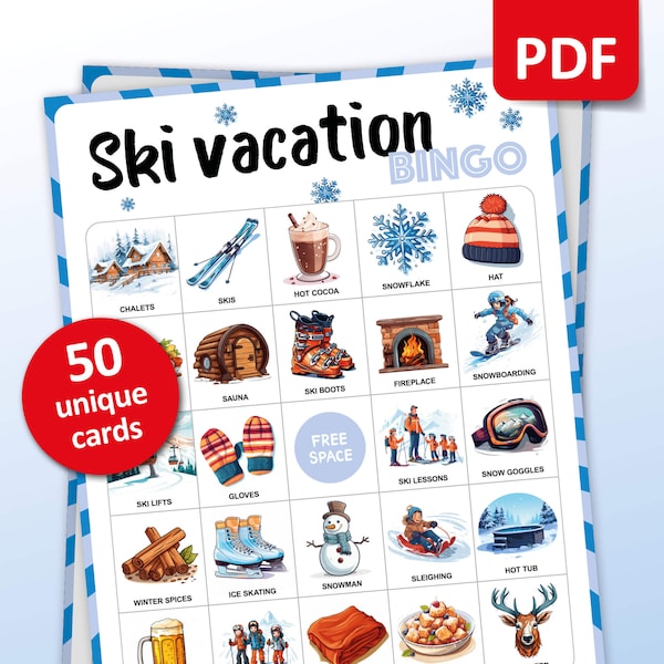 Ski Urlaub Bingo Spiel, 50 Apres Ski Bingo Karten, Winter Sport Reiseaktivitäten, Alpines Urlaubsspiel für Erwachsene und Kinder, Geschenk zum Ausdrucken