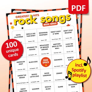 Bingo de música rock, 100 cartones de bingo + lista de reproducción de Spotify, juego de fiesta de cumpleaños de los años 70, 80, 90 y 2000, trabajo en equipo, recorrido por los pubs y reunión familiar