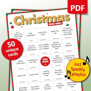 Bingo kerstmuziek, 50 bingokaarten + Spotify-afspeellijst, kerstfeestspel, kantoorfeest, activiteit kerstvrienden, liedjes digitale download