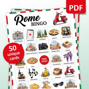 Rome Travel Bingo Game, 50 Italië Bingokaarten, Reisvakantie Activiteiten, Italiaans Thema Party Game voor volwassenen en kinderen, Afdrukbaar cadeau