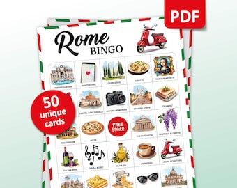 Gioco di Bingo da Viaggio a Roma, 50 Carte di Bingo in Italia, Attività di Viaggio e Vacanza, Gioco di Festa a Tema Italiano per Adulti e Bambini, Regalo Stampabile