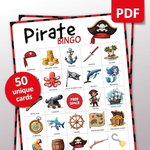 Bingo pirata, 50 cartas de bingo pirata, actividades de cumpleaños, juego de fiesta pirata para niños, actividad en el aula del tesoro, descarga imprimible de aventuras