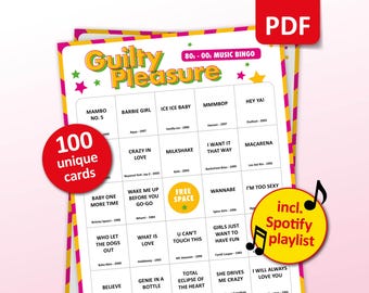 Guilty Pleasure Music Bingo, 100 Bingo Cards + Spotify Playlist, Birthday Party Game, 80s 90&#39;s 00s Songs, Friends Bar Activity, Bachelorette