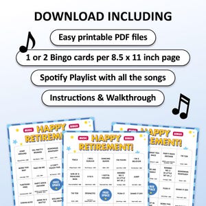 Retirement party game with the best 70s, 80s, 90s, 00s, 10s, 20s hits. Music bingo for your retirement party at the office, at work or just with friends at home or at a venue. Including Spotify Playlist with the songs on the bingo cards. Digital download.