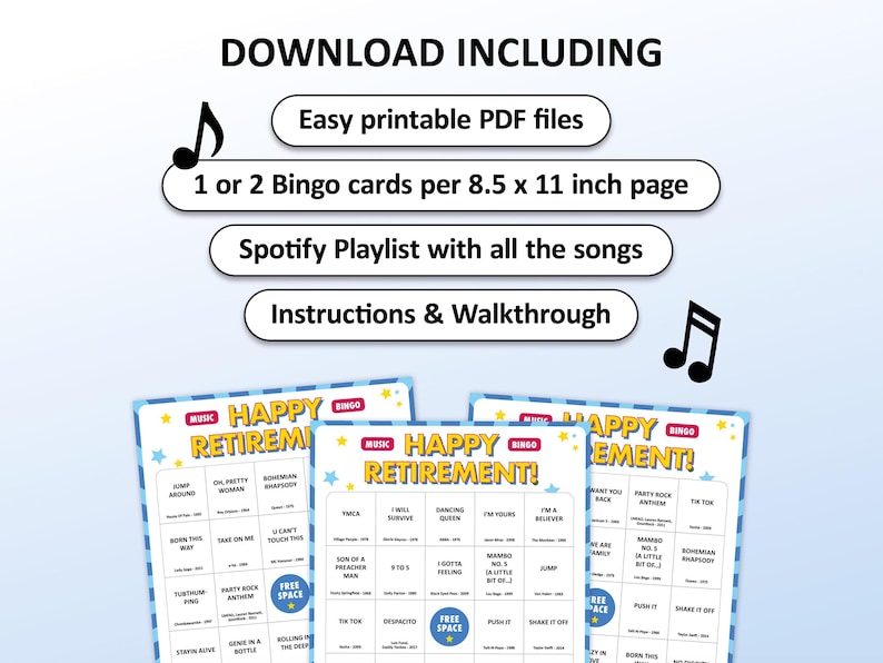 Retirement party game with the best 70s, 80s, 90s, 00s, 10s, 20s hits. Music bingo for your retirement party at the office, at work or just with friends at home or at a venue. Including Spotify Playlist with the songs on the bingo cards. Digital download.