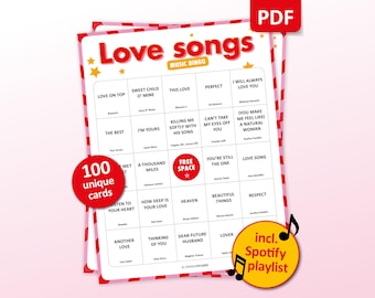 Valentines Day Music Bingo, 100 Bingo Cards + Spotify Playlist, Bachelorette Party Game, Galentines Friends Activity, Love Songs download