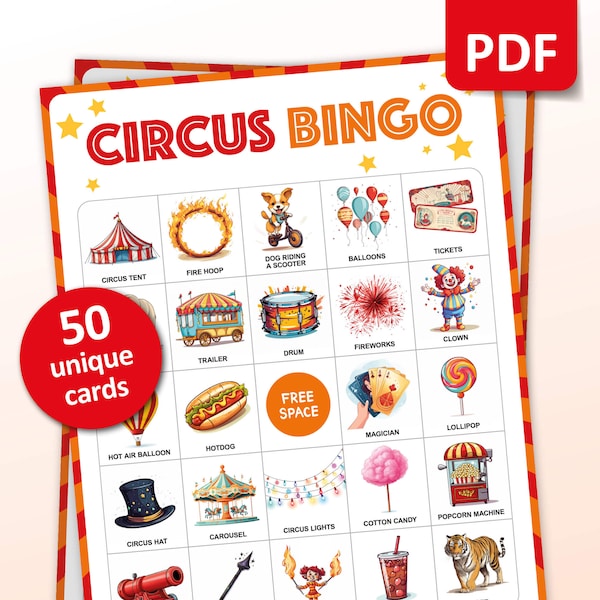 Circus Bingo, 50 cartes de bingo de fête de cirque, activités d’anniversaire, jeu de fête de spectacle pour enfants, activités en classe du festival, jeux imprimables