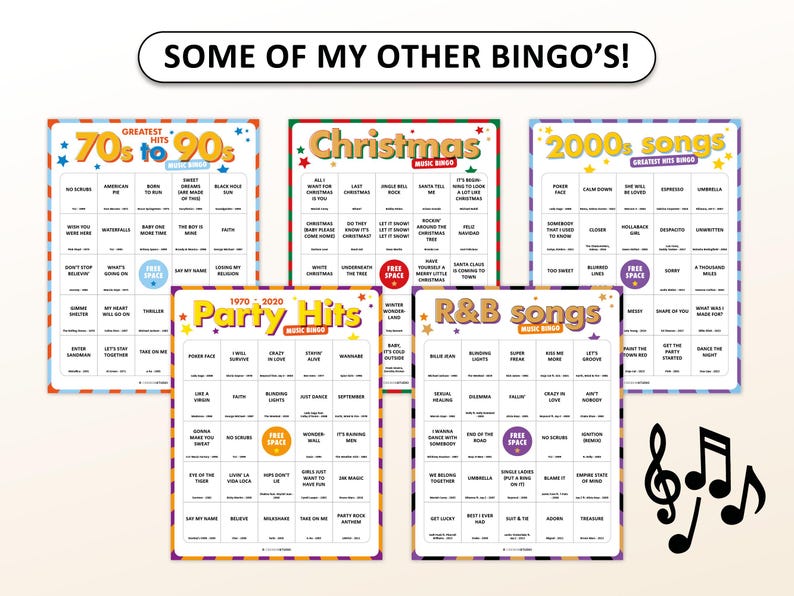 May include: Five rectangular music bingo game cards with the header text SOME OF MY OTHER BINGO'S! The cards feature themes including 70s to 90s, Christmas, 2000s songs, Party Hits, and R&B songs, each containing a grid of song titles and artists.