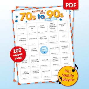 Music bingo party game with the best 70s, 80s and 90s songs. Perfect as a birthday party, friends game night, pub crawl, bar activity or office party. Including Spotify Playlist with the songs mentioned in the bingo cards. Printable digital download.