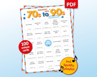 Bingo musical de los 70, 80 y 90, 100 cartones de bingo + lista de reproducción de Spotify, juego para fiestas de cumpleaños, actividades para fomentar el trabajo en equipo, actividades en bares con amigos, reuniones familiares.