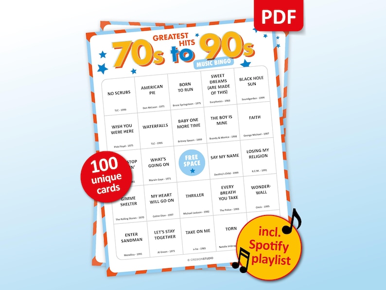 Music bingo party game with the best 70s, 80s and 90s songs. Perfect as a birthday party, friends game night, pub crawl, bar activity or office party. Including Spotify Playlist with the songs mentioned in the bingo cards. Printable digital download.