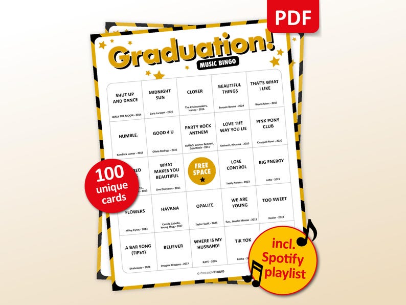 Graduation Music bingo party game with the best, recent songs. Perfect as a graduation party game for a collage student. Including Spotify Playlist with the songs of the bingo cards. Printable digital download.