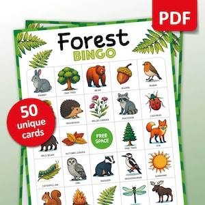 Forest Bingo, 50 Outdoor Bingokarten, Natur-Geburtstags-Partyspiel, Schulausflug, Aktivitäten im Klassenzimmer, Pfadfinder-Schnitzeljagd