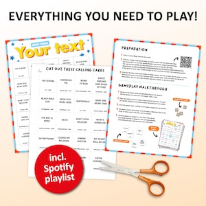 Custom Music Bingo Game with 50 unique cards, printable party game for birthdays, bachelorette parties, hen parties, graduations, tea parties, bridal showers, girls night, family gatherings, office events, and celebrations of all kinds. Fun music activity with your own songs, interactive icebreaker, instant digital download, perfect for large groups, adults, teens, and special occasions.