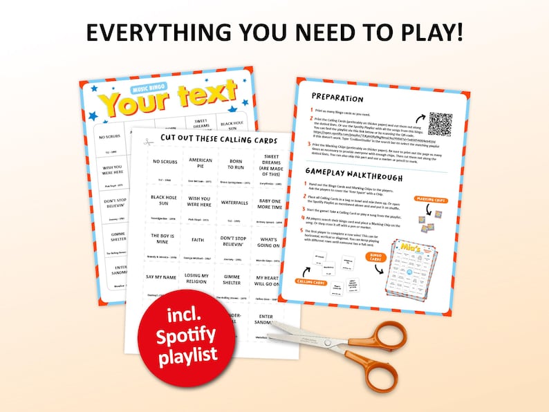 Custom Music Bingo Game with 50 unique cards, printable party game for birthdays, bachelorette parties, hen parties, graduations, tea parties, bridal showers, girls night, family gatherings, office events, and celebrations of all kinds. Fun music activity with your own songs, interactive icebreaker, instant digital download, perfect for large groups, adults, teens, and special occasions.