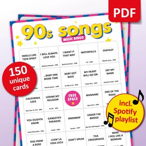 90s Songs Music Bingo, 150 Bingo Cards + Spotify Playlist, Birthday Party Game, 90&#39;s Bachelorette, Friends Bar Activity, Family Reunion
