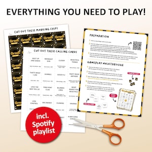 Graduation Music bingo party game with the best, recent songs. Perfect as a graduation party game for a collage student. Including Spotify Playlist with the songs of the bingo cards. Printable digital download.