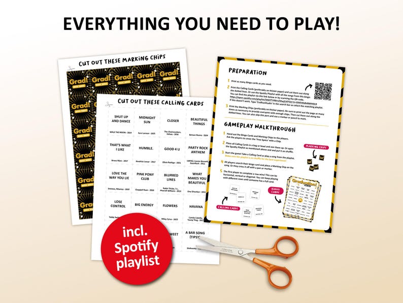 Graduation Music bingo party game with the best, recent songs. Perfect as a graduation party game for a collage student. Including Spotify Playlist with the songs of the bingo cards. Printable digital download.