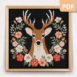 Patrón de punto de cruz contado de ciervos de animales del bosque, patrón de punto de cruz floral pequeño y fácil, gráfico PDF de descarga instantánea para principiantes, Cottagecore