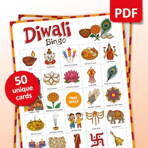 Diwali Bingo, 50 Printable Bingo Cards, Diwali 2025 Party Game for Kids ...