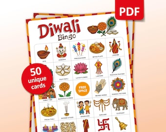 Diwali Bingo, 50 Printable Bingo Cards, Diwali 2025 Party Game for Kids and Adults, Hindu Religion Activities, Diwali Printable Games Gifts