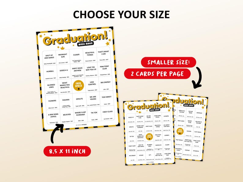 Graduation Music bingo party game with the best, recent songs. Perfect as a graduation party game for a collage student. Including Spotify Playlist with the songs of the bingo cards. Printable digital download.