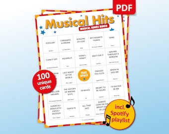Musical Music Bingo, 100 Bingo Cards + Spotify Playlist, Broadway Birthday Party Game,  Musical Theatre Bachelorette, Friends Choir Activity
