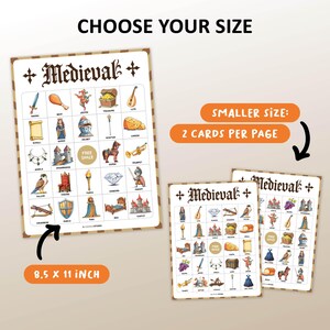 Medieval bingo is a great party game for kids. Middle Ages World History theme. Perfect school activity for teachers. Printable bingo cards as digital download and pre-filled. With knight, king, queen, jetser, battles, castles etc.