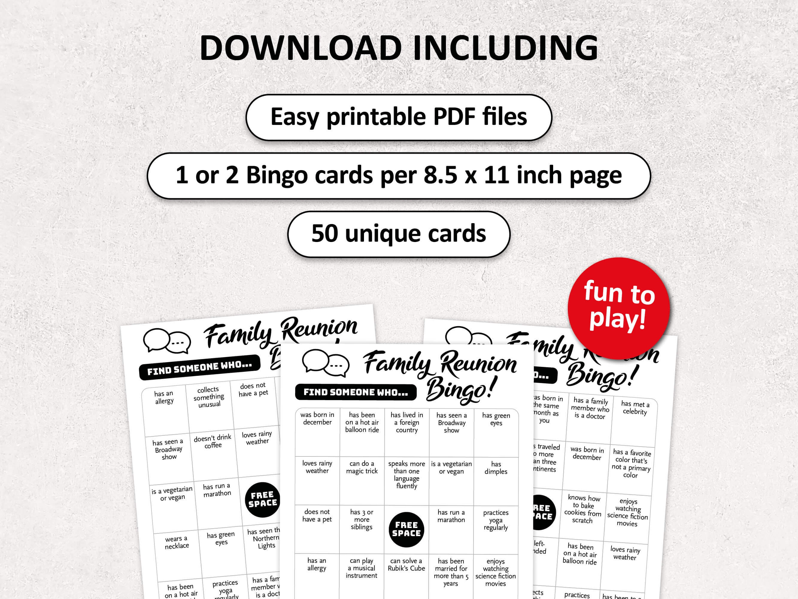 Family reunion bingo 50 get to know you bingo cards family gathering