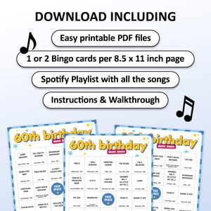 60th Birthday Music bingo party game with the best 60s, 70s, 80s, 90s, 00s, 10s, 20s hits. Perfect as a birthday party, friends game night, pub crawl, bar activity for your sixtieth birthday. Including Spotify Playlist with the songs on the bingo cards. Digital download.