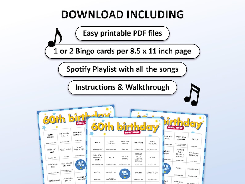 60th Birthday Music bingo party game with the best 60s, 70s, 80s, 90s, 00s, 10s, 20s hits. Perfect as a birthday party, friends game night, pub crawl, bar activity for your sixtieth birthday. Including Spotify Playlist with the songs on the bingo cards. Digital download.