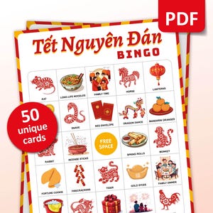 Vietnamesisches Neujahrsbingo, 50 Tet Nguyen Dan Bingokarten, Gesellschaftsspiel für Kinder und Erwachsene, Tet Festival 2025 Aktivitäten, zum Ausdrucken