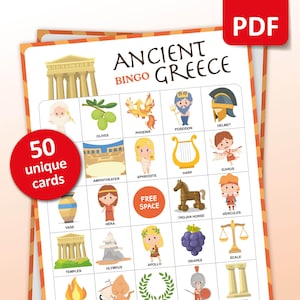 Bingo de la antigua Grecia, 50 cartones de bingo, juego de fiesta griego imprimible, actividad de historia mundial para el aula, bingo escolar para maestros para niños, imprimible