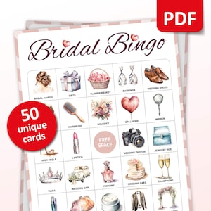 Bridal Shower Bingo, 50 Watercolor Bingo Cards, Wedding Activities, Girls Game, Bridal Hen Party & Bachelorette Activity, Printable Gift